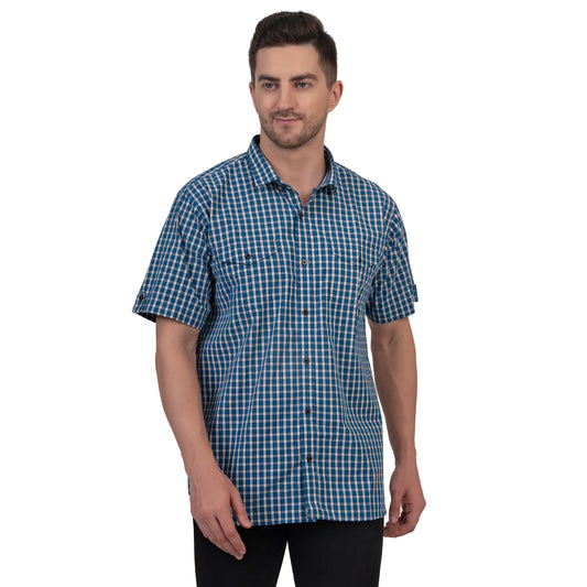 Half Sleeve Cotton Chequered Shirt (Peacock Blue)