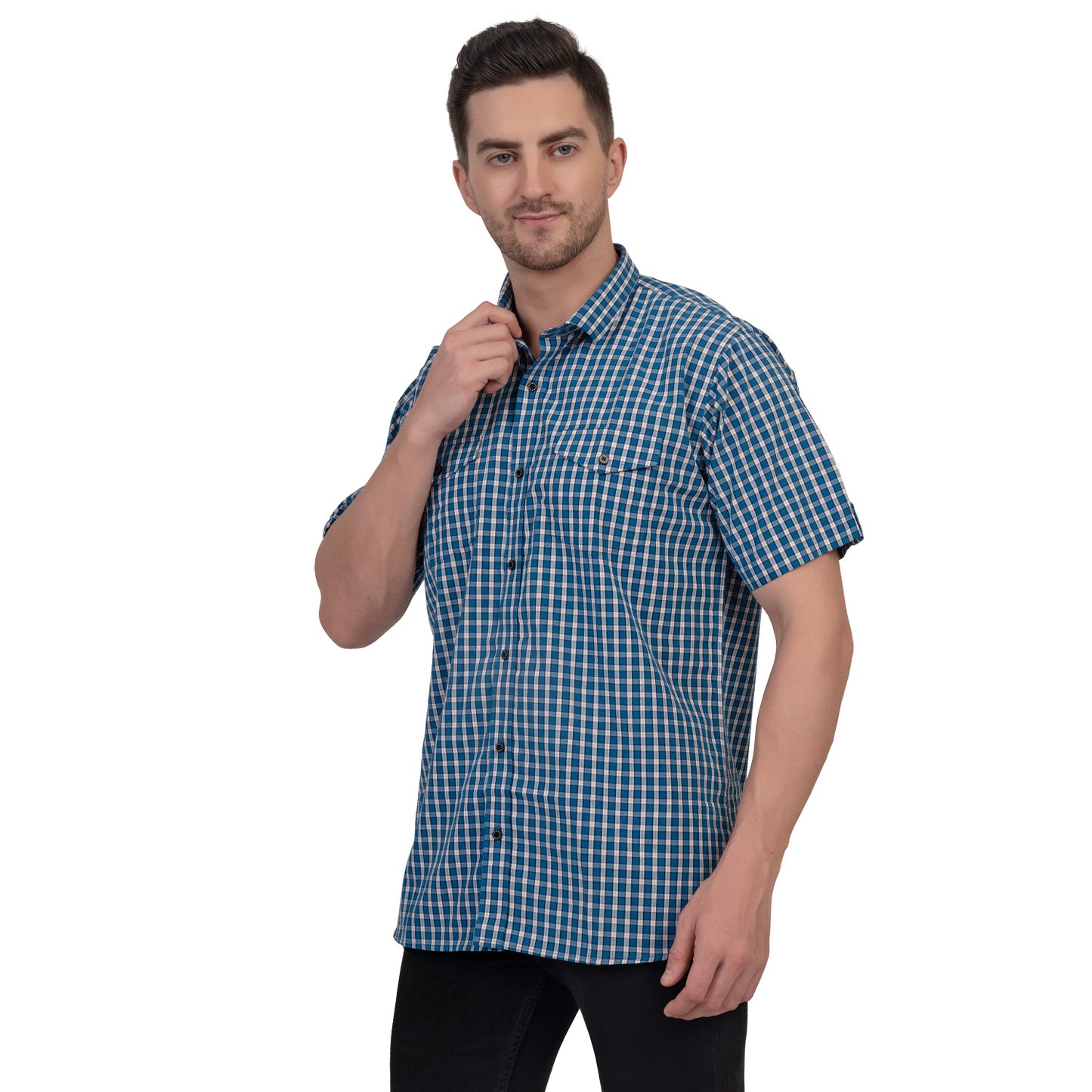 Half Sleeve Cotton Chequered Shirt (Peacock Blue)