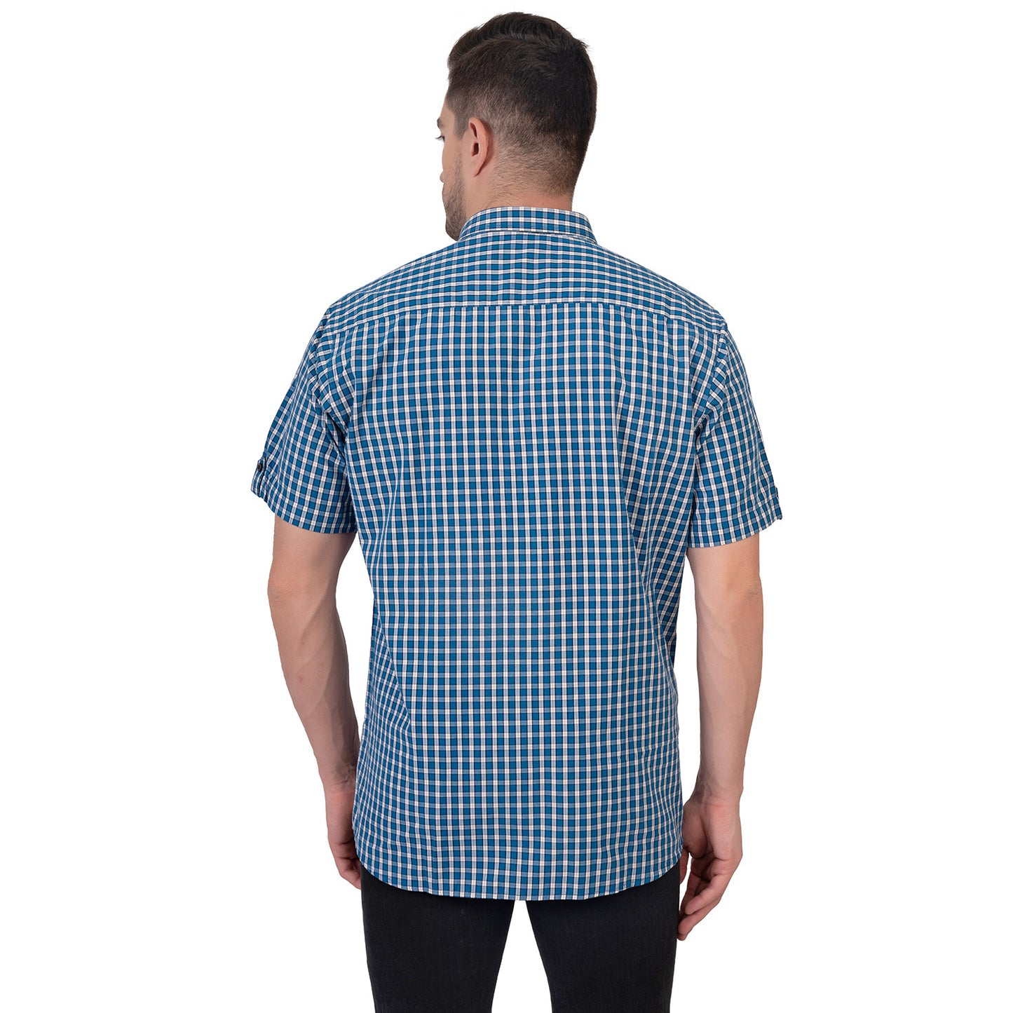 Half Sleeve Cotton Chequered Shirt (Peacock Blue)