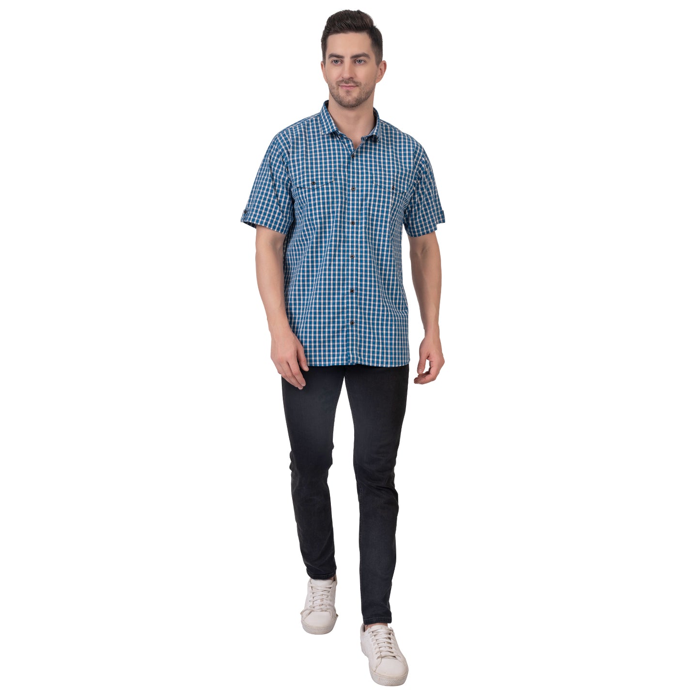 Half Sleeve Cotton Chequered Shirt (Peacock Blue)