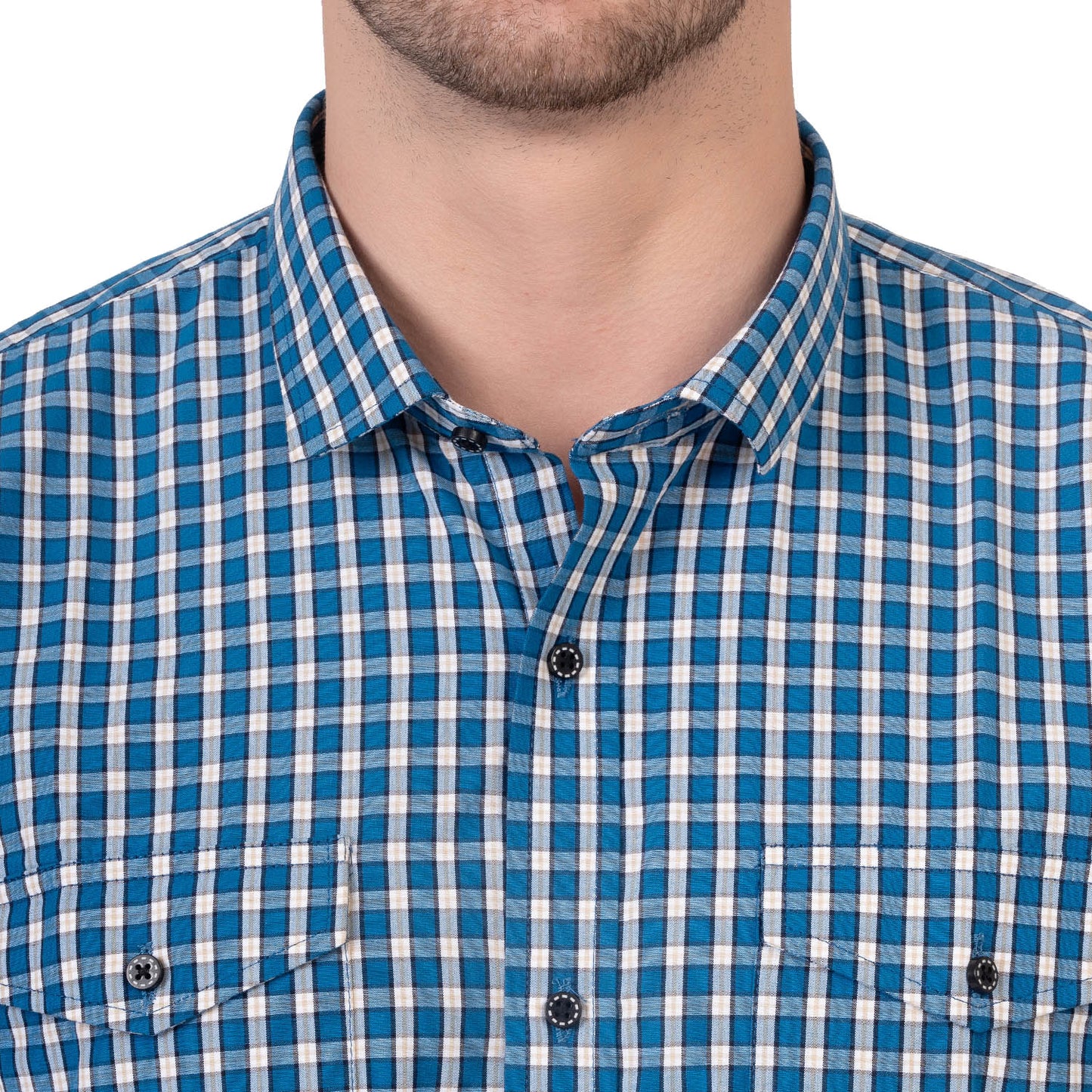 Half Sleeve Cotton Chequered Shirt (Peacock Blue)