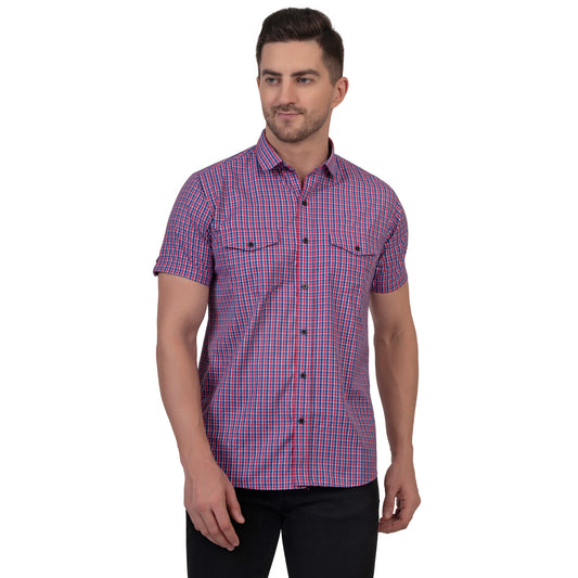 Half Sleeve Cotton Chequered Shirt (Royal Blue/Red)