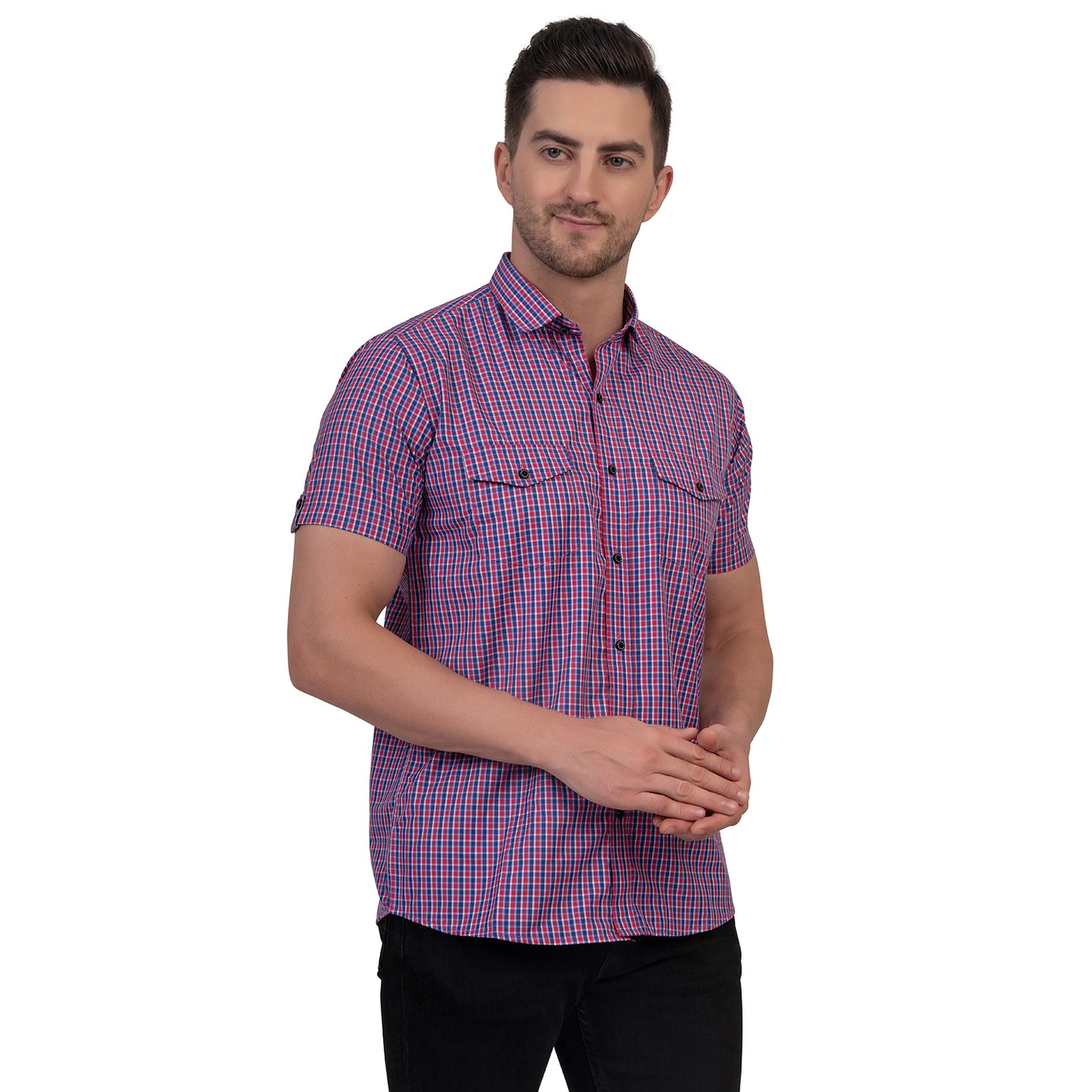 Half Sleeve Cotton Chequered Shirt (Royal Blue/Red)