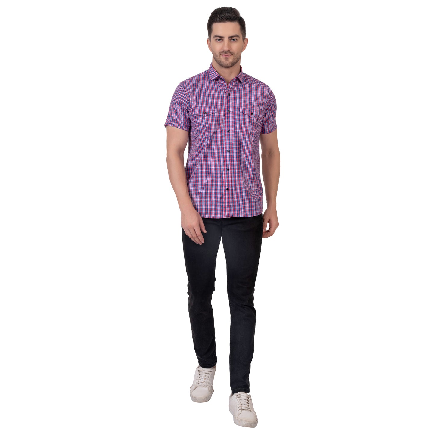 Half Sleeve Cotton Chequered Shirt (Royal Blue/Red)