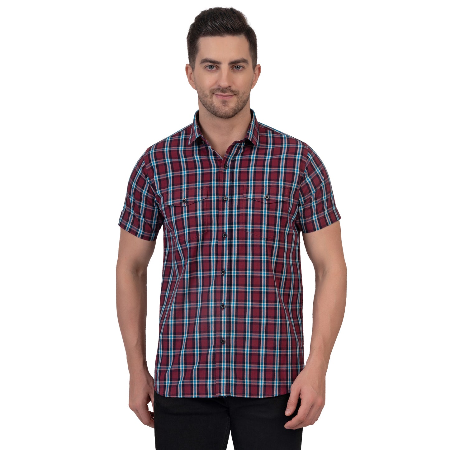 Half Sleeve Cotton Chequered Shirt (Red/Teal Blue)