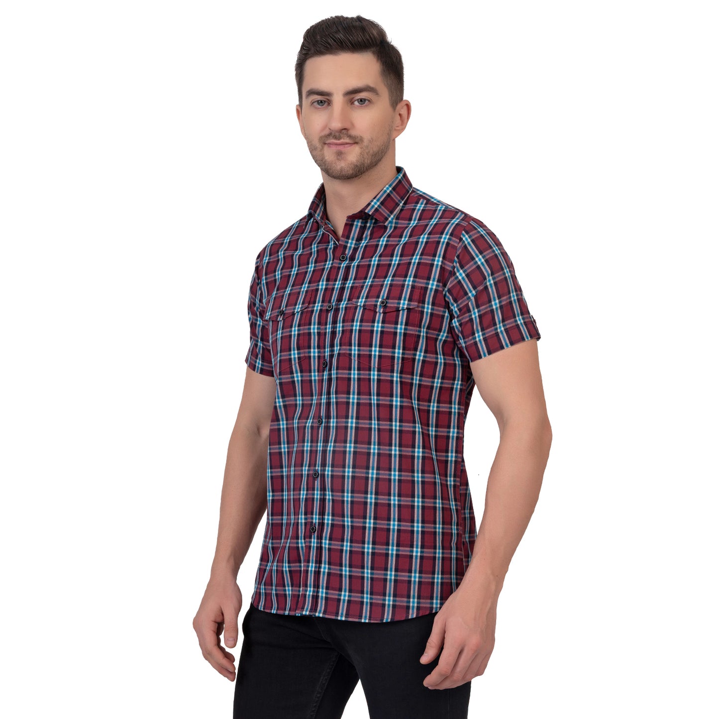 Half Sleeve Cotton Chequered Shirt (Red/Teal Blue)