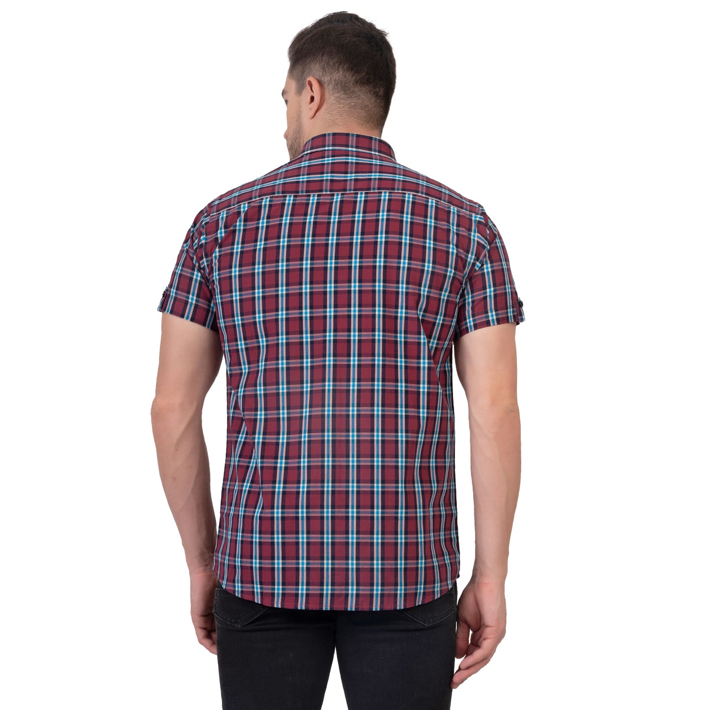 Half Sleeve Cotton Chequered Shirt (Red/Teal Blue)