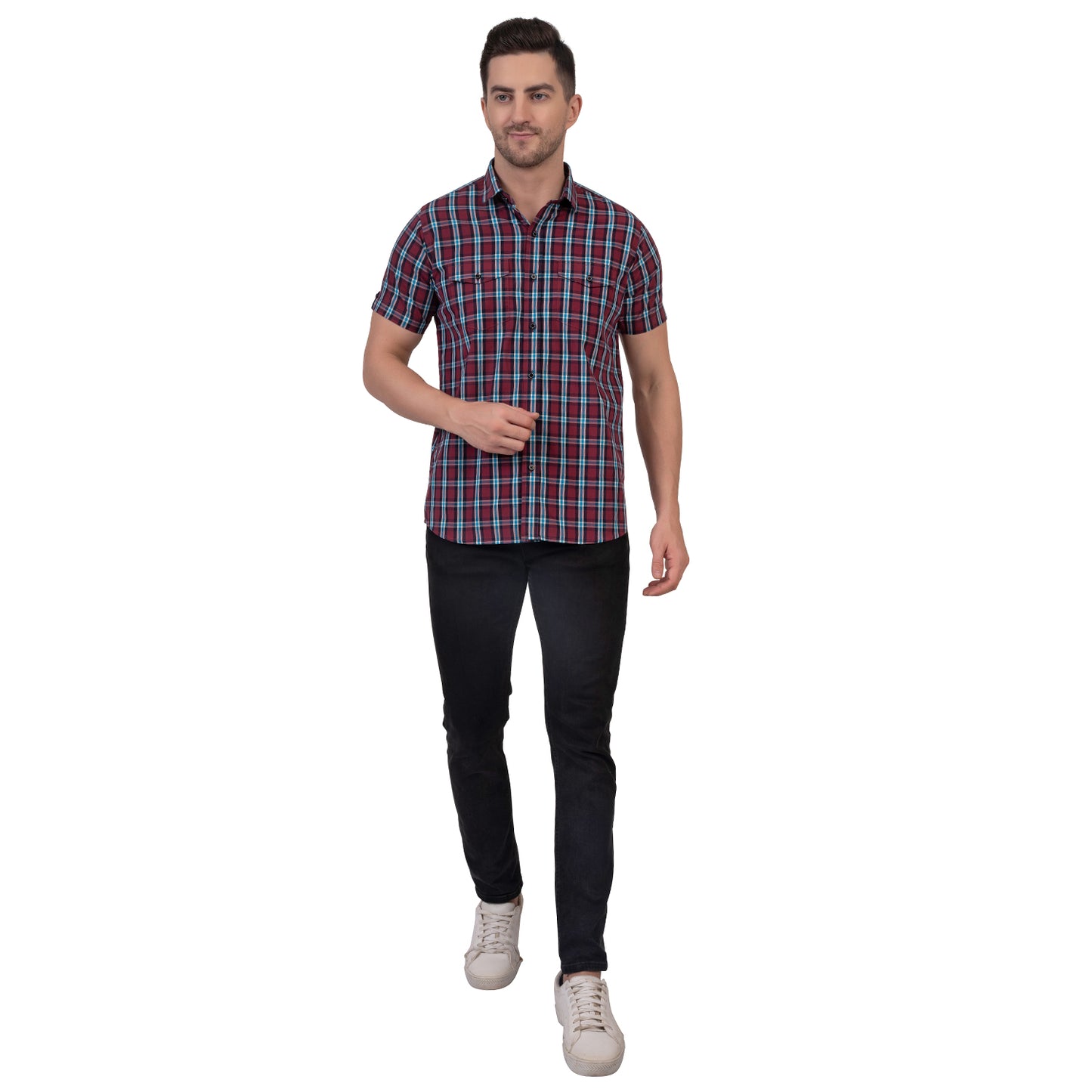 Half Sleeve Cotton Chequered Shirt (Red/Teal Blue)