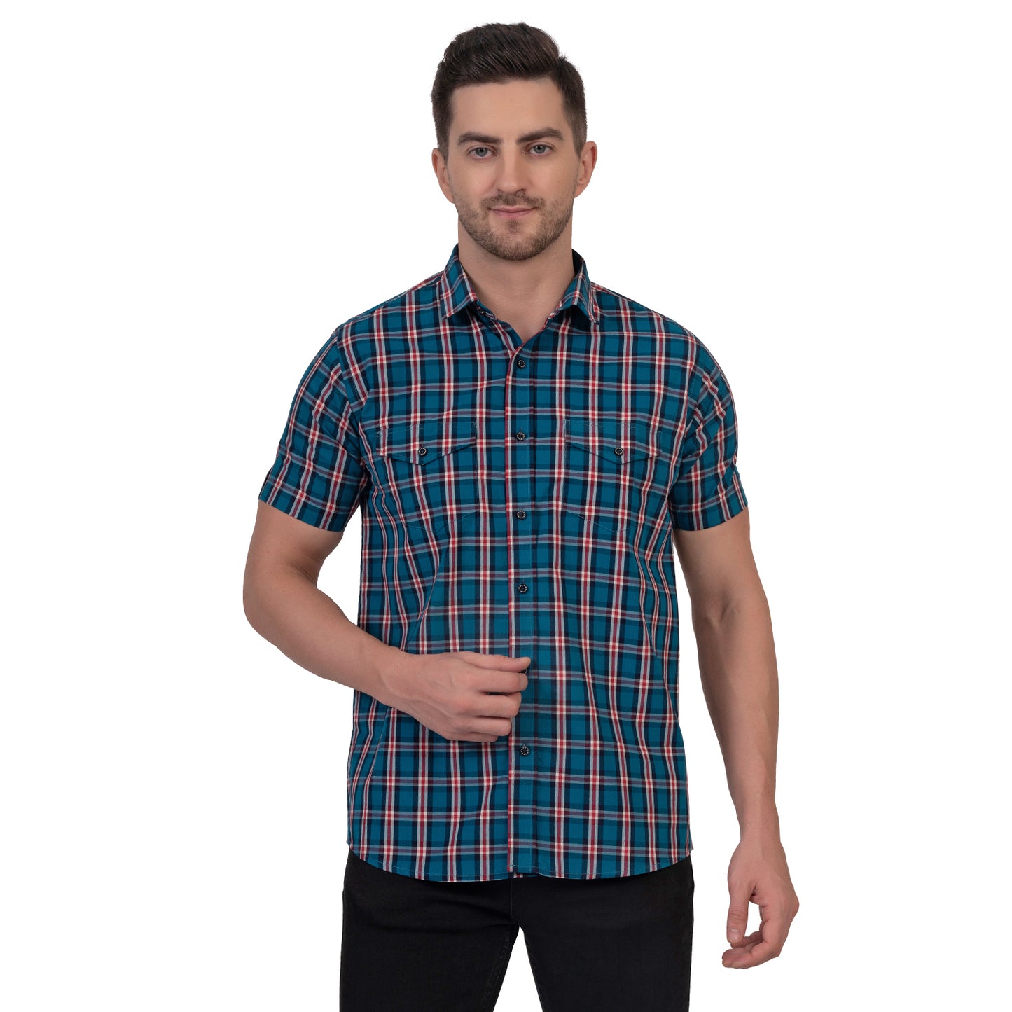 Half Sleeve Cotton Chequered Shirt (Teal Blue/Red)