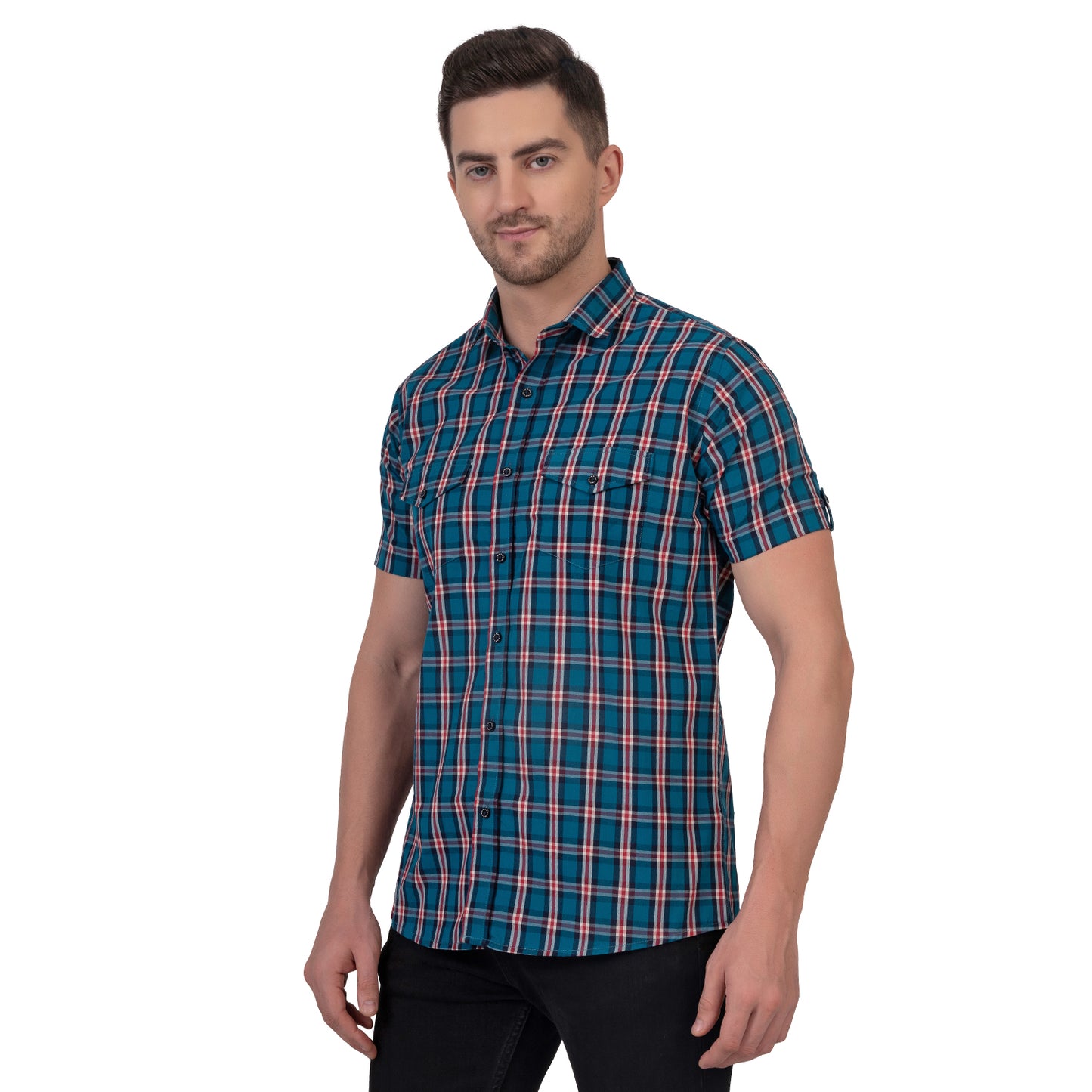 Half Sleeve Cotton Chequered Shirt (Teal Blue/Red)