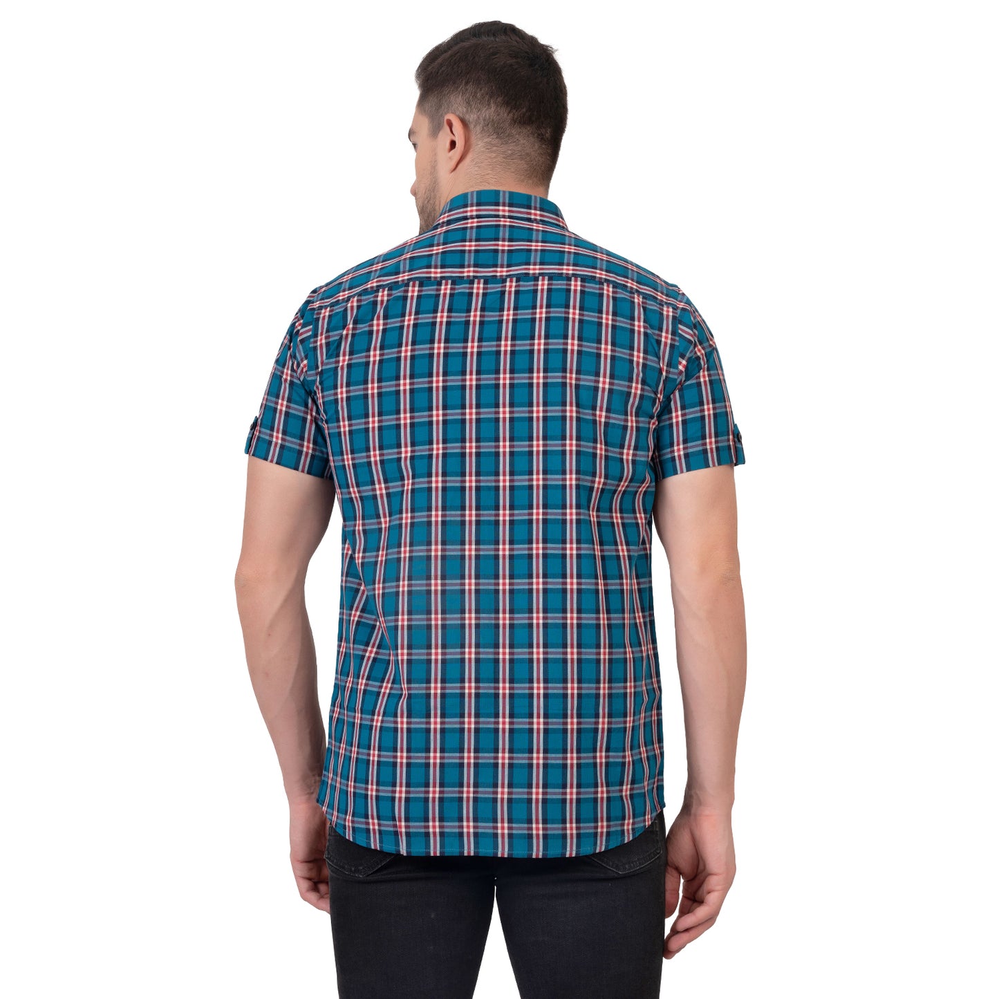 Half Sleeve Cotton Chequered Shirt (Teal Blue/Red)