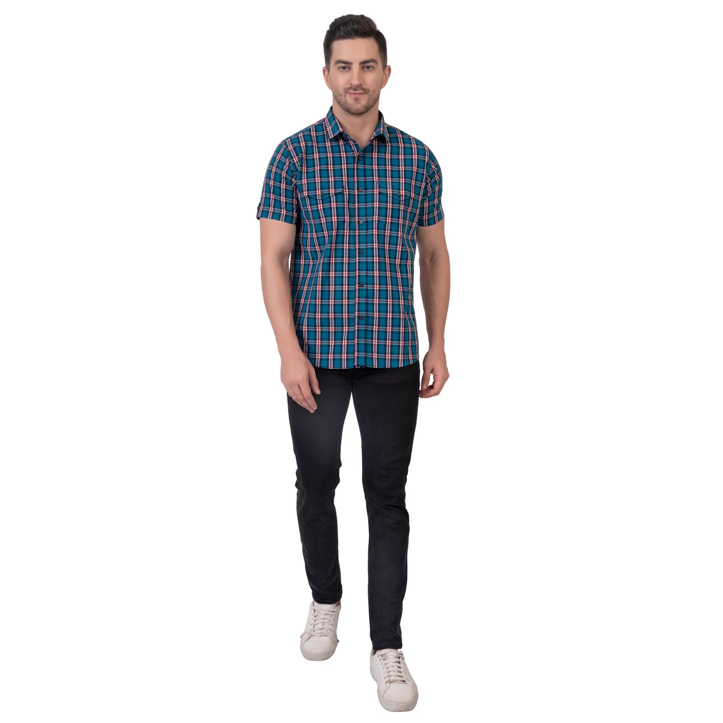 Half Sleeve Cotton Chequered Shirt (Teal Blue/Red)