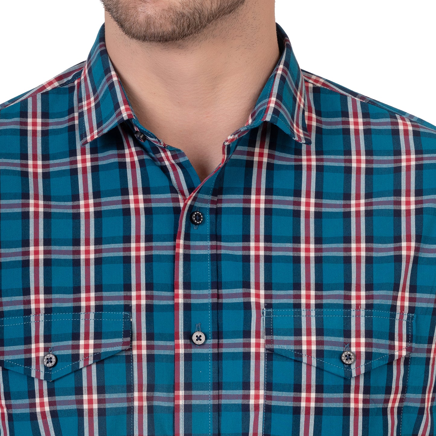 Half Sleeve Cotton Chequered Shirt (Teal Blue/Red)