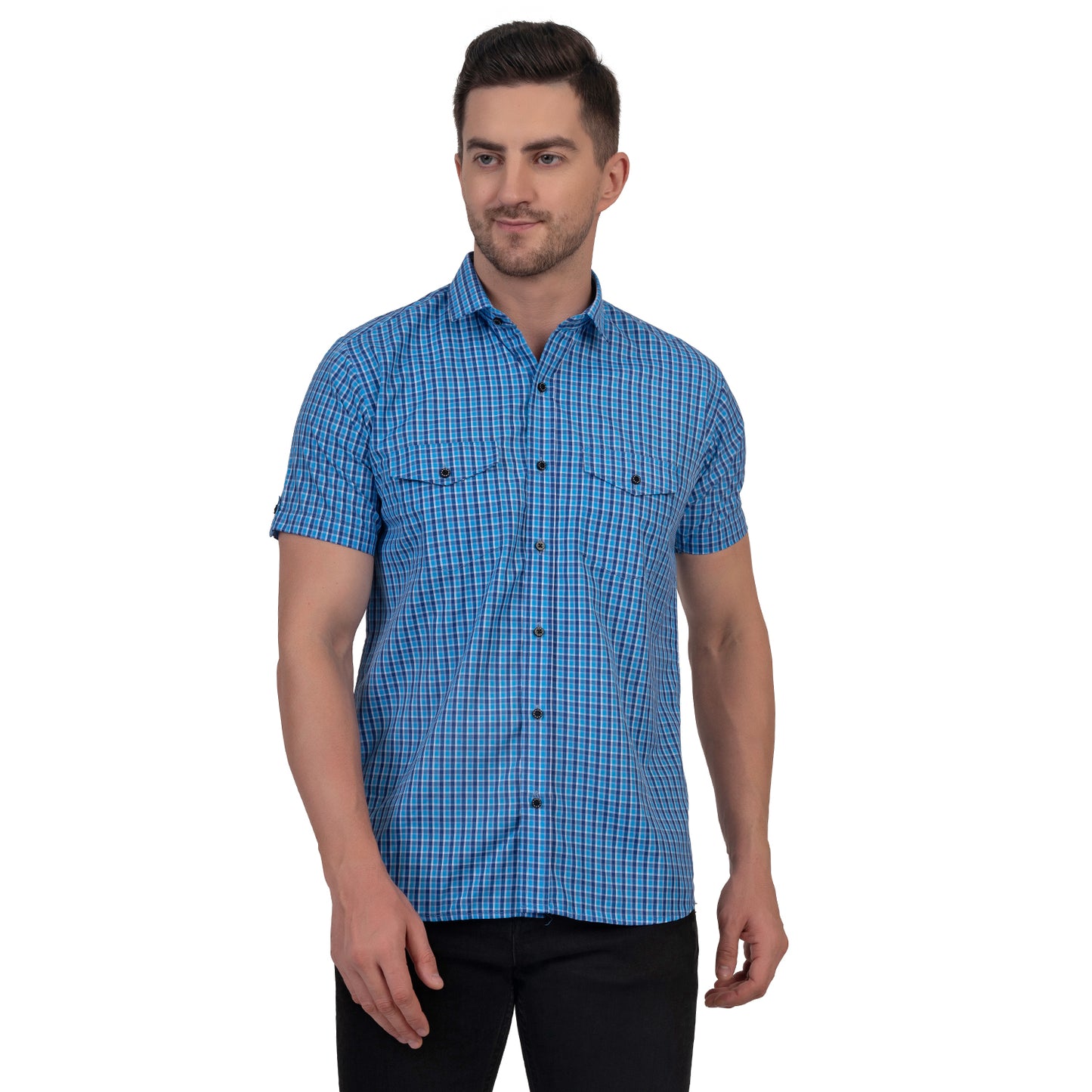 Half Sleeve Cotton Chequered Shirt (Sky Blue)