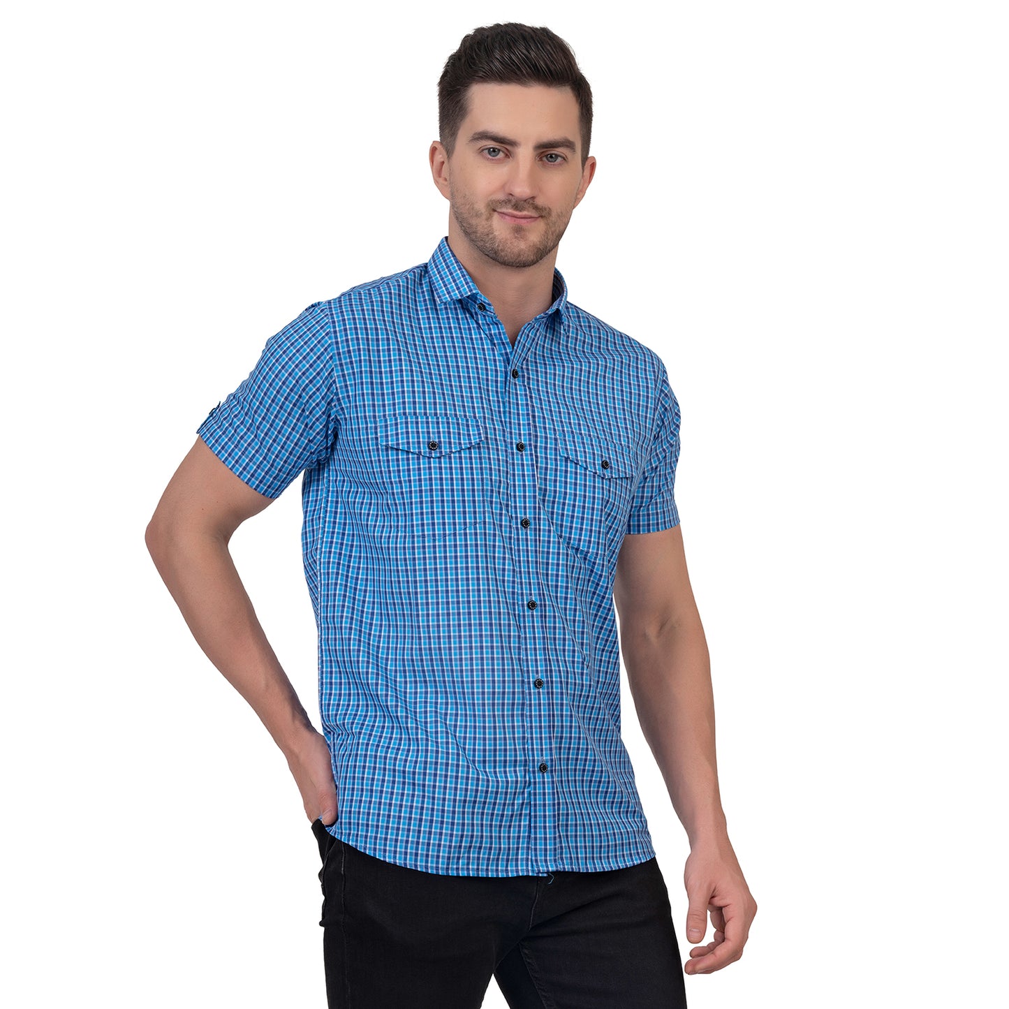 Half Sleeve Cotton Chequered Shirt (Sky Blue)