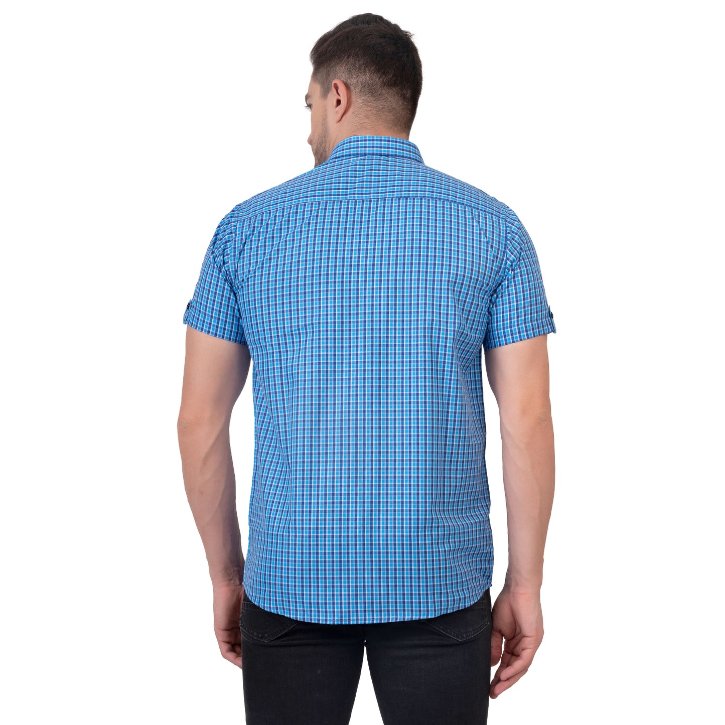 Half Sleeve Cotton Chequered Shirt (Sky Blue)