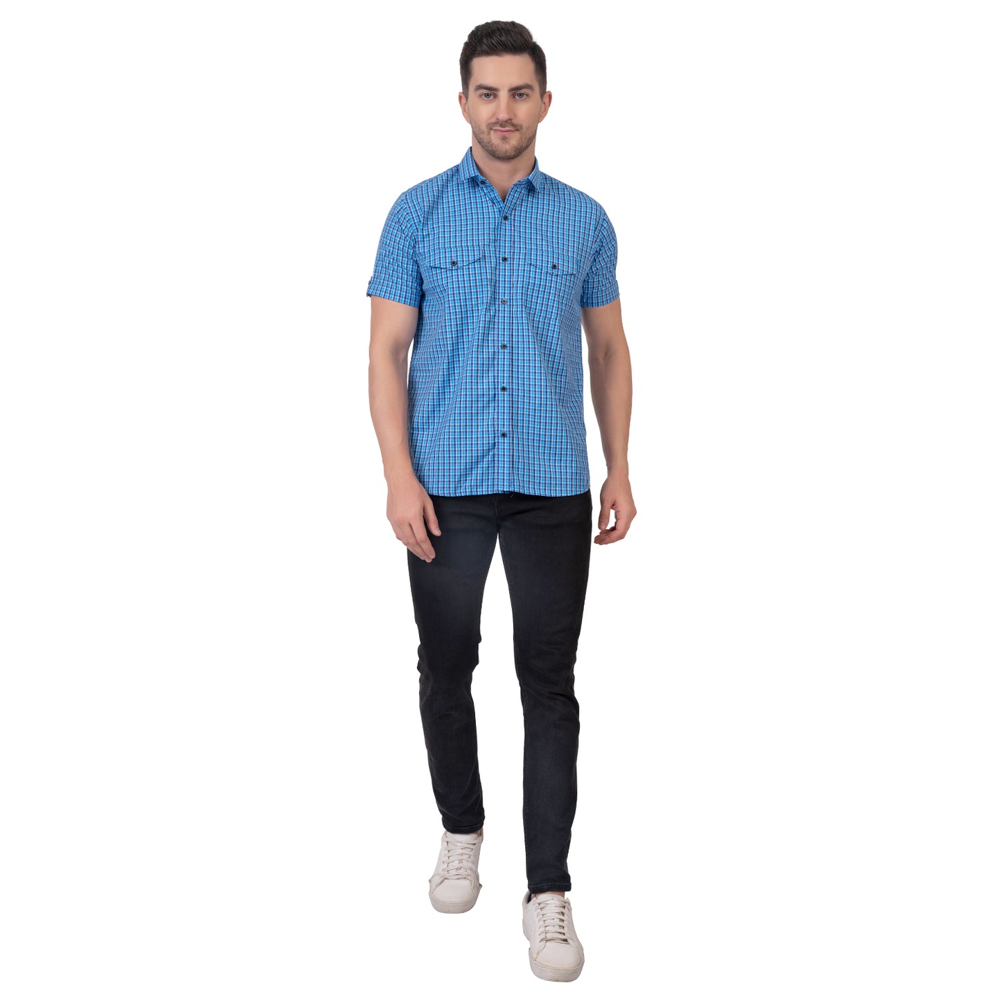 Half Sleeve Cotton Chequered Shirt (Sky Blue)