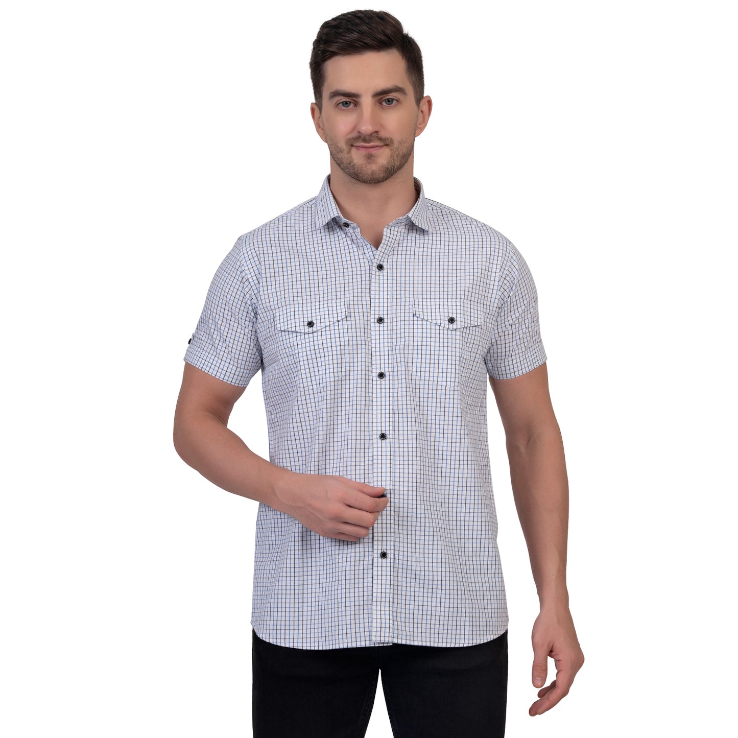 Half Sleeve Cotton Chequered Shirt (White)