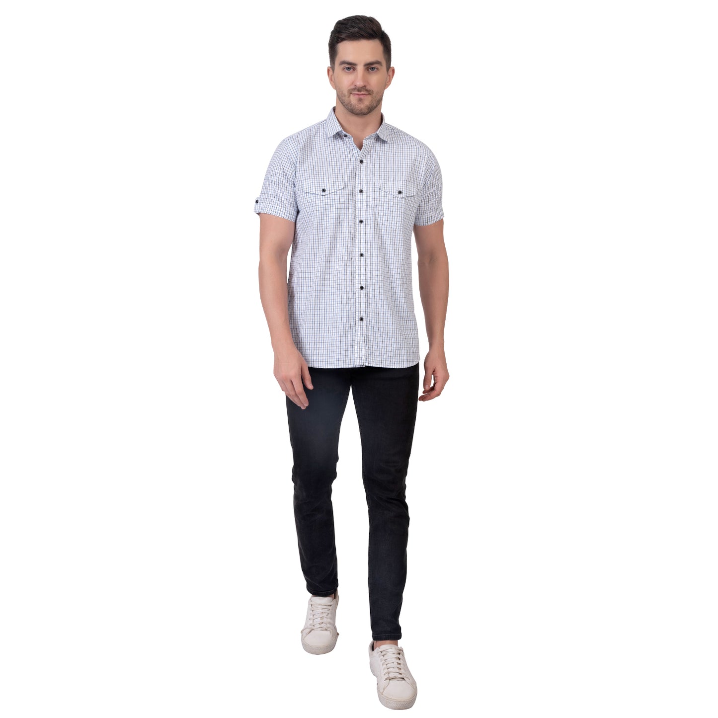 Half Sleeve Cotton Chequered Shirt (White)