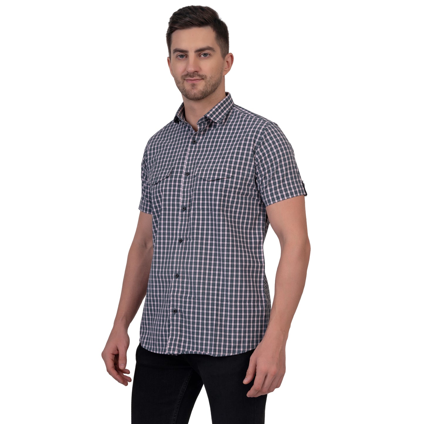 Half Sleeve Cotton Chequered Shirt (Eagle Grey)