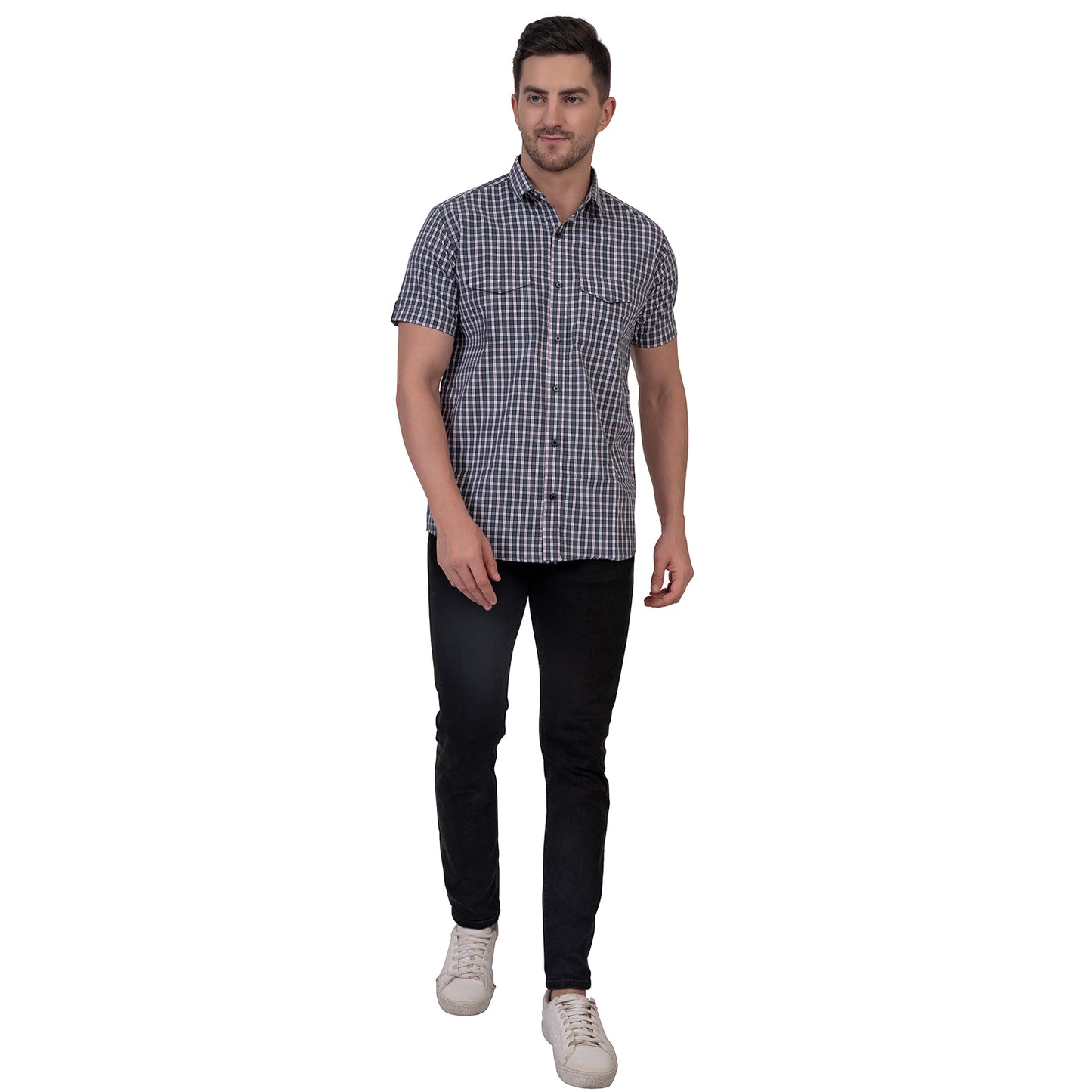 Half Sleeve Cotton Chequered Shirt (Eagle Grey)