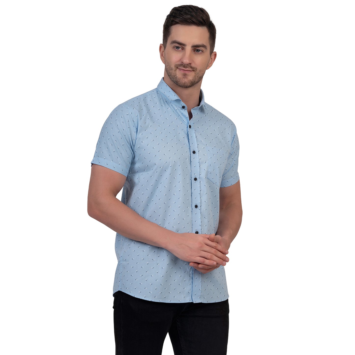 Half Sleeve Printed Cotton Shirt (Sky Blue)