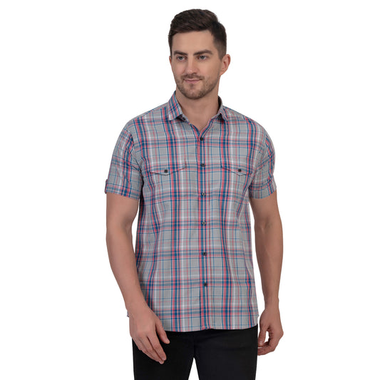 Half Sleeve Cotton Chequered Shirt (Faded green/Pink)