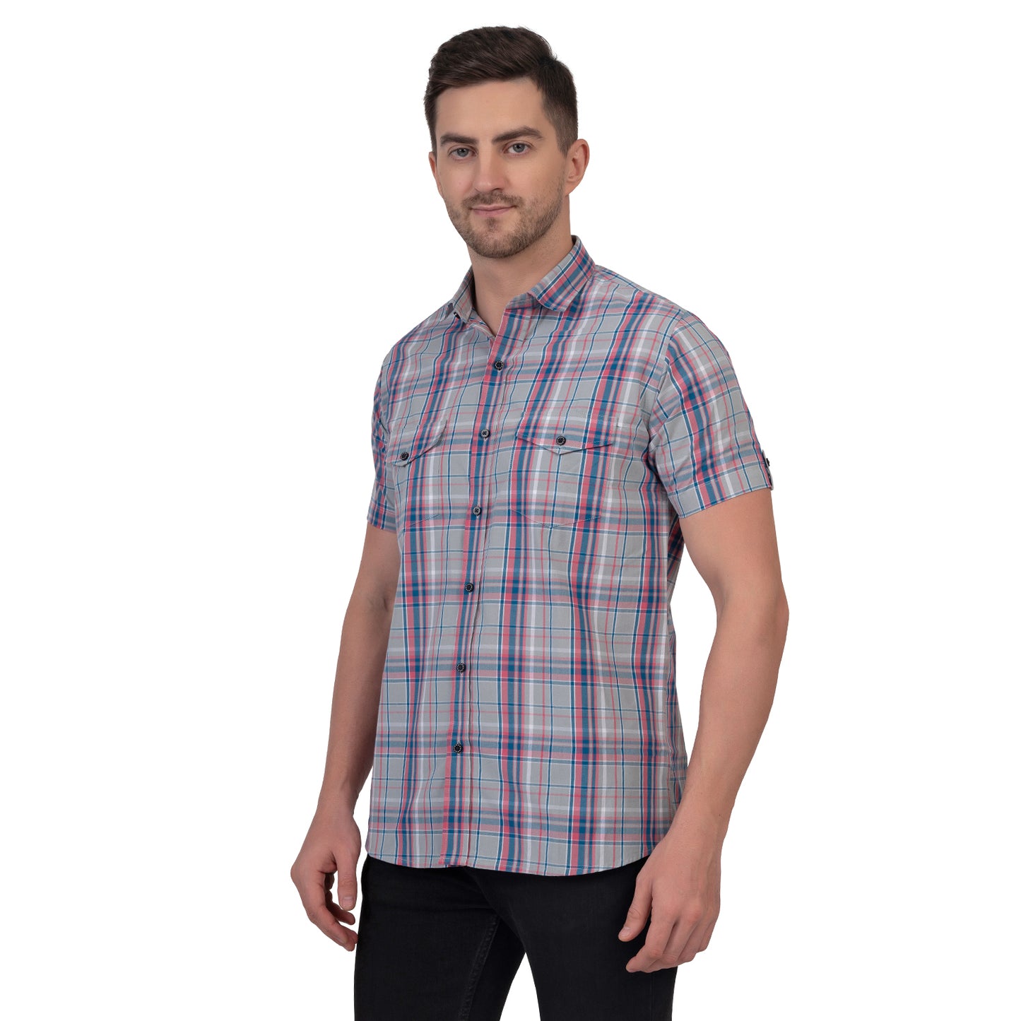 Half Sleeve Cotton Chequered Shirt (Faded green/Pink)