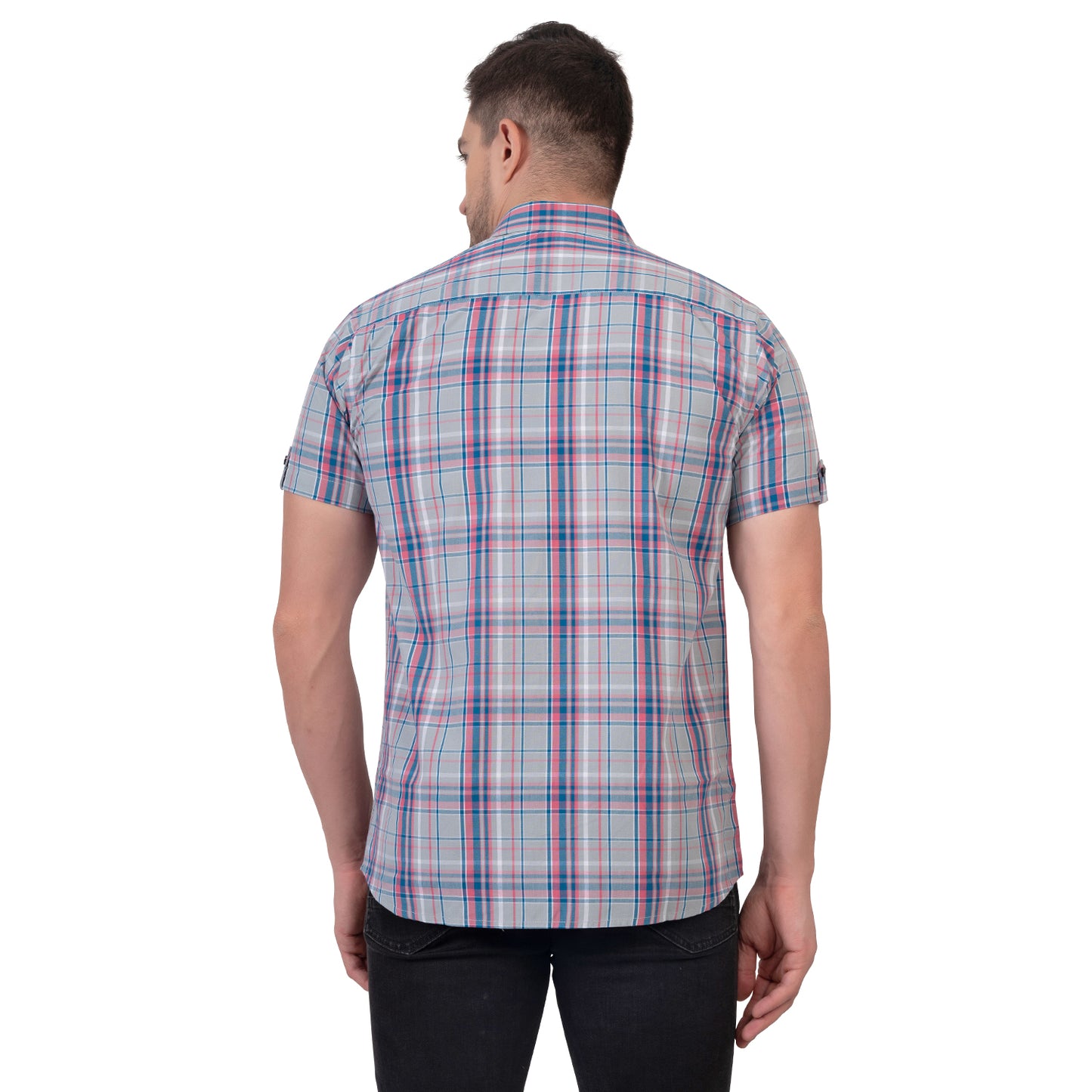 Half Sleeve Cotton Chequered Shirt (Faded green/Pink)