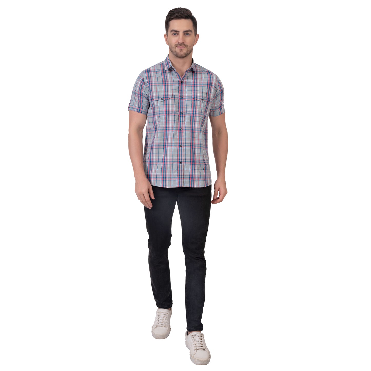 Half Sleeve Cotton Chequered Shirt (Faded green/Pink)