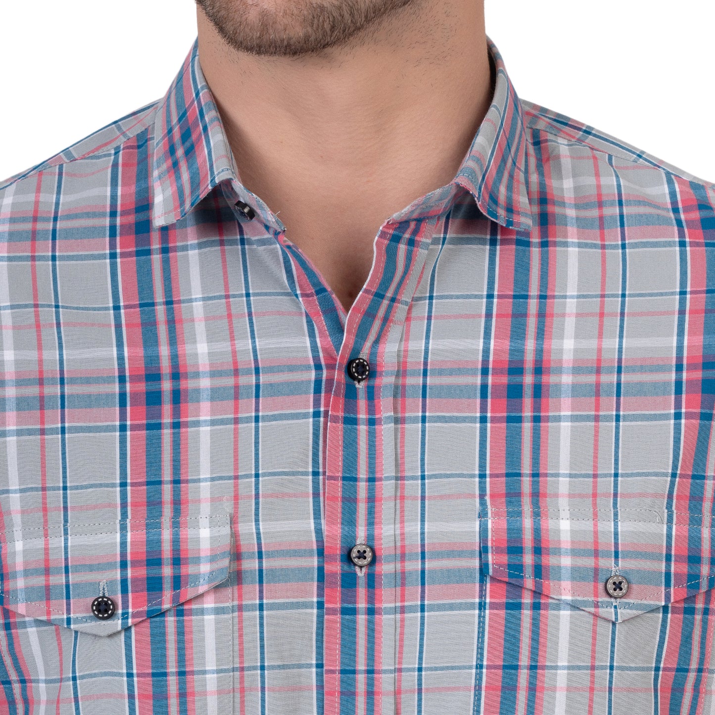 Half Sleeve Cotton Chequered Shirt (Faded green/Pink)