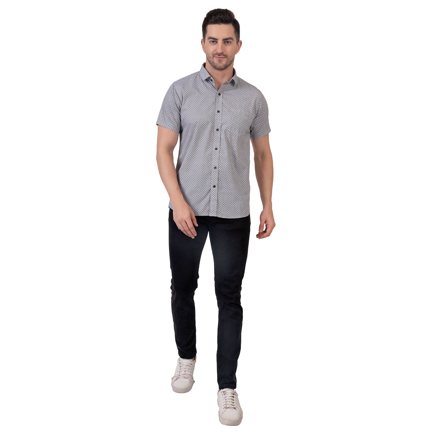 Half Sleeve Printed Cotton Shirt (Midnight Grey)