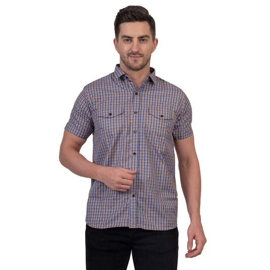 Half Sleeve Cotton Chequered Shirt (Yellow/Blue)