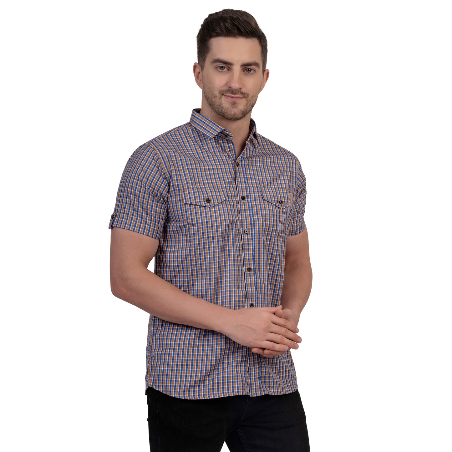 Half Sleeve Cotton Chequered Shirt (Yellow/Blue)