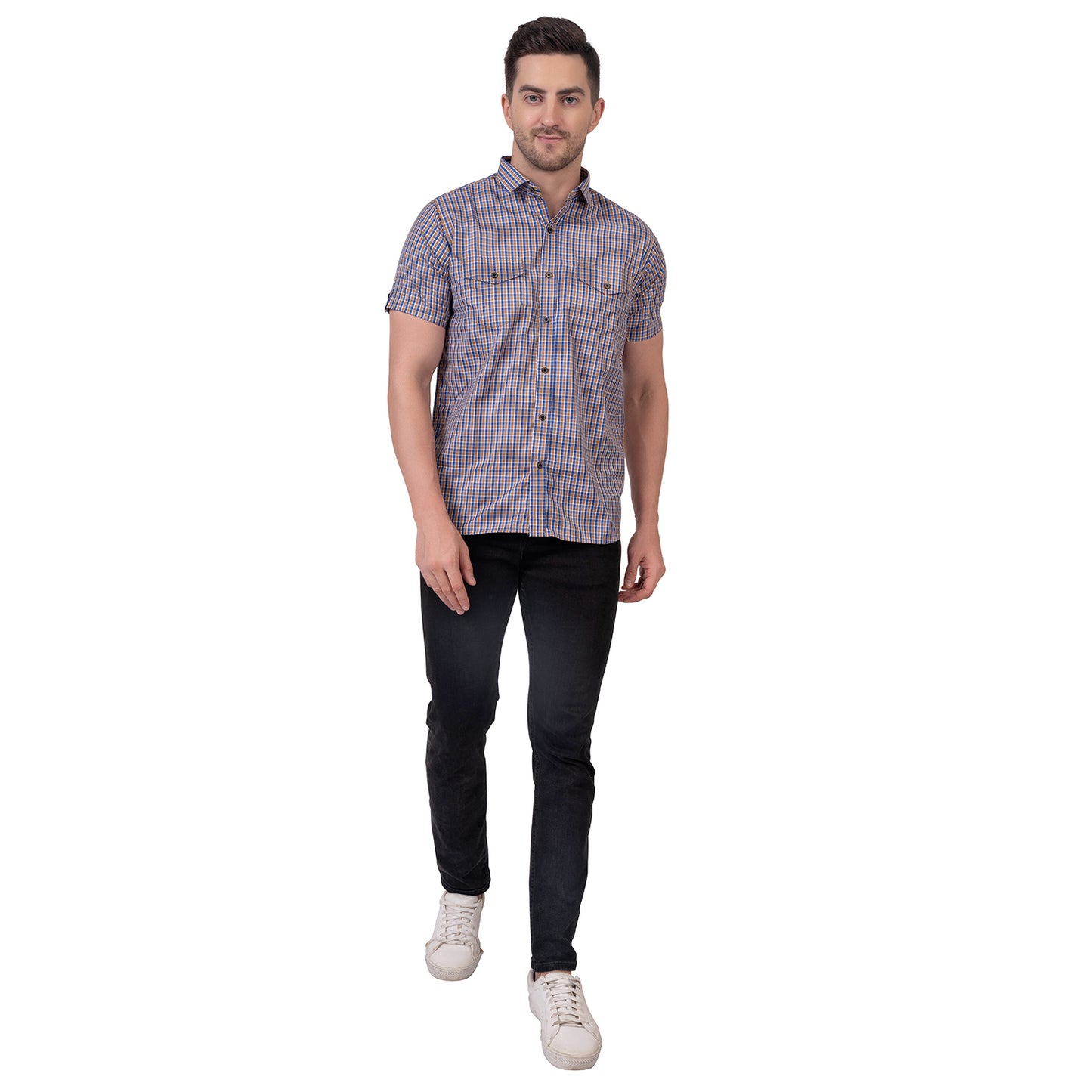 Half Sleeve Cotton Chequered Shirt (Yellow/Blue)