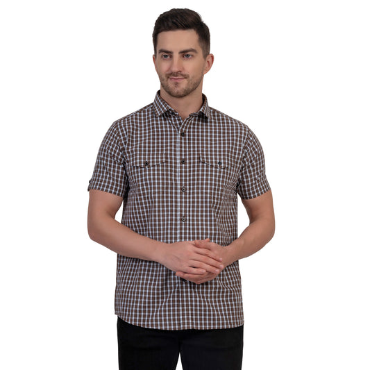 Half Sleeve Cotton Chequered Shirt (Brown)