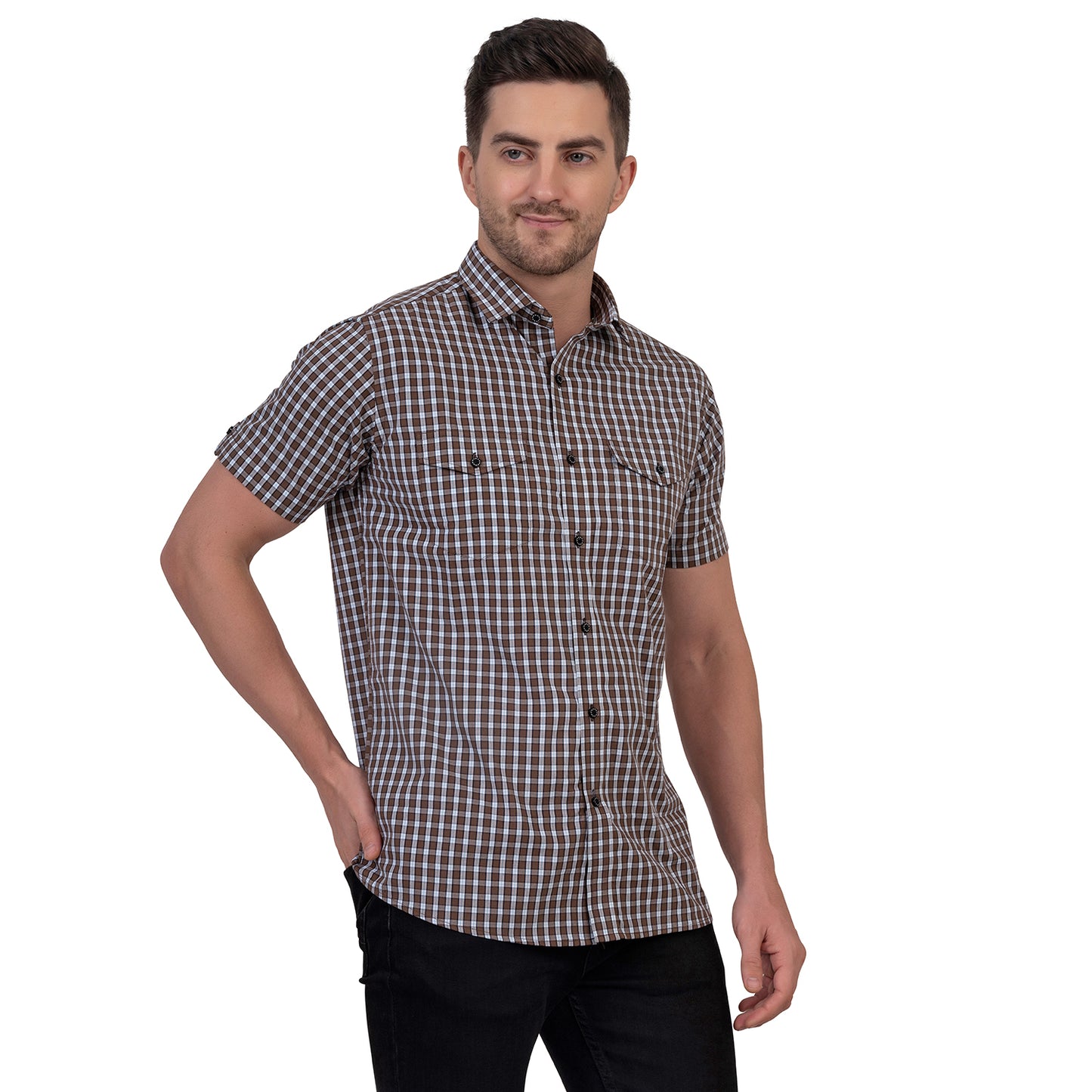 Half Sleeve Cotton Chequered Shirt (Brown)