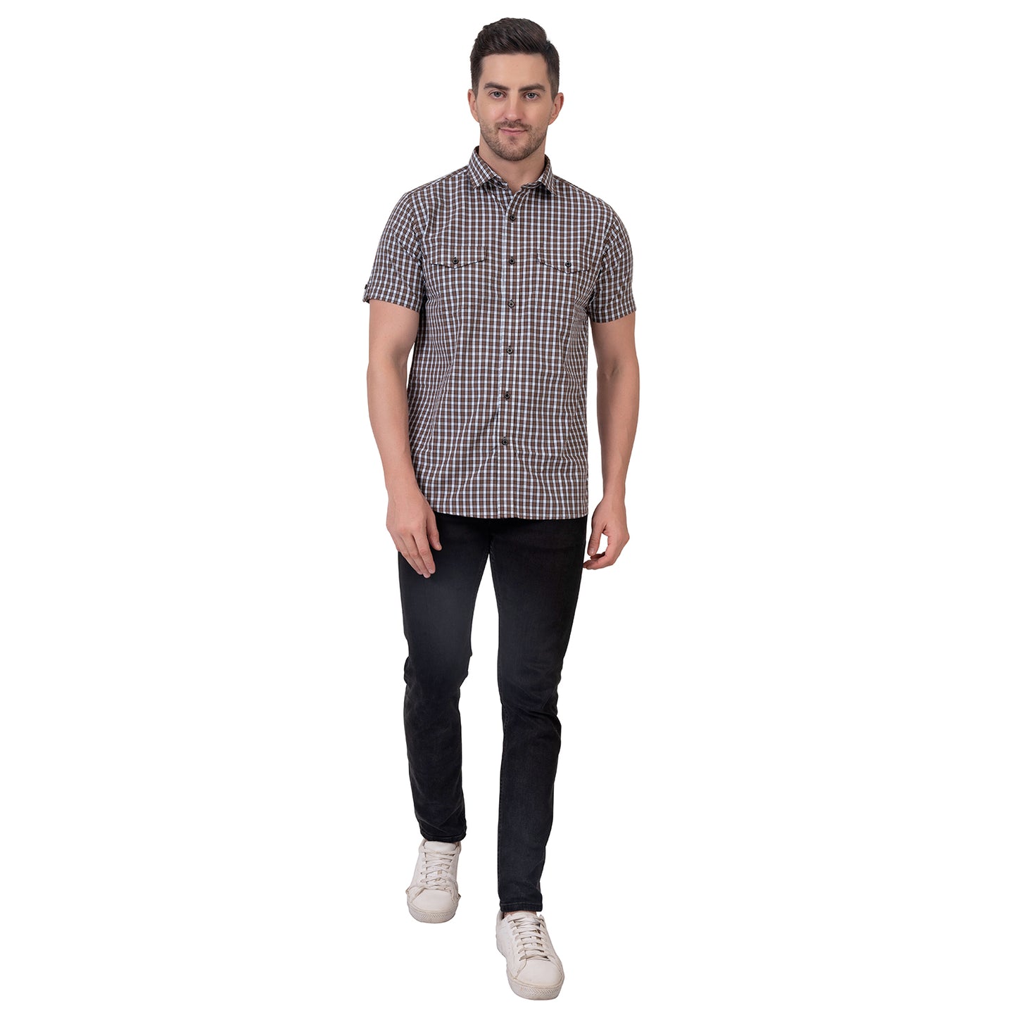 Half Sleeve Cotton Chequered Shirt (Brown)