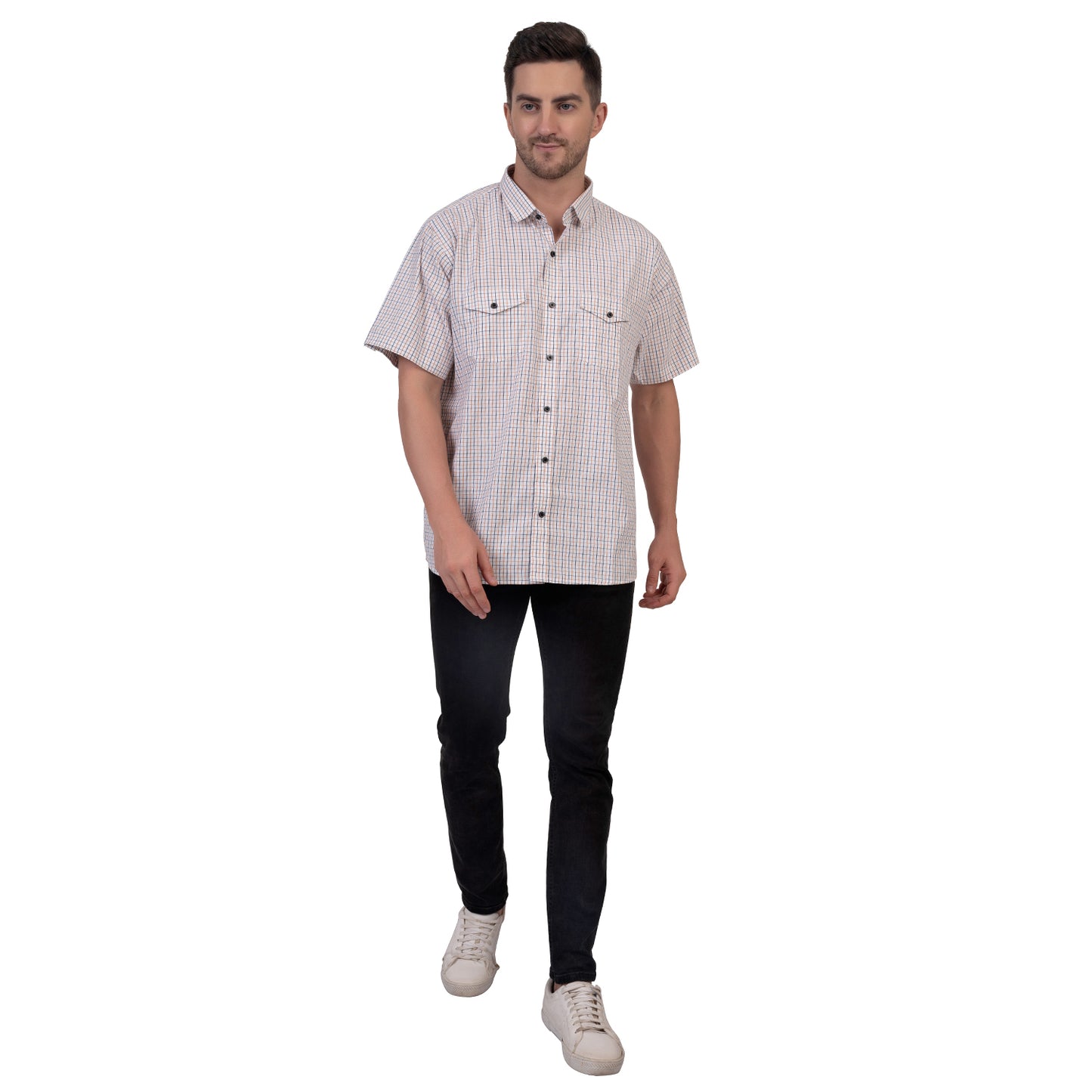 Half Sleeve Cotton Fine Chequered Shirt (White)