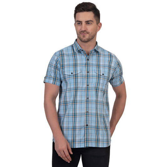 Half Sleeve Cotton Chequered Shirt (Sky Blue)