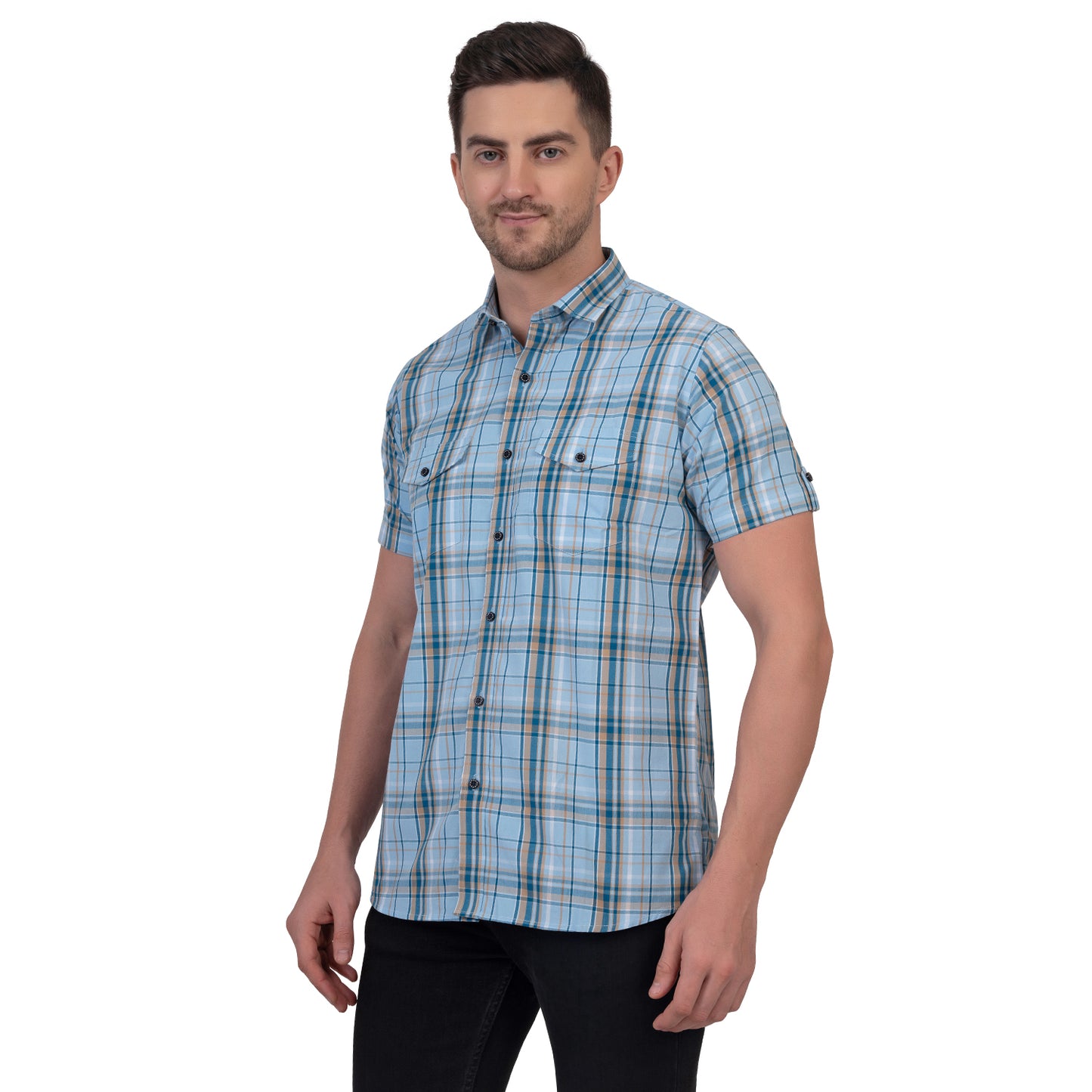 Half Sleeve Cotton Chequered Shirt (Sky Blue)