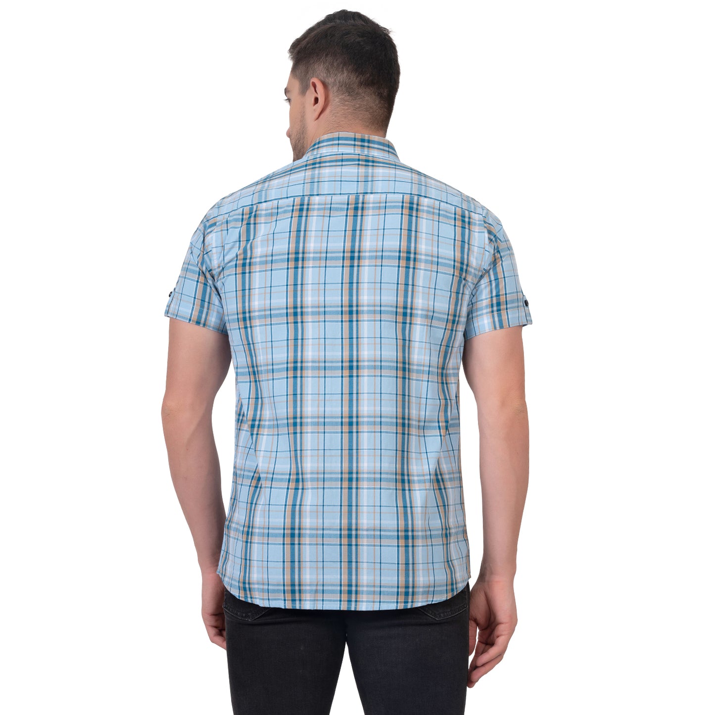 Half Sleeve Cotton Chequered Shirt (Sky Blue)