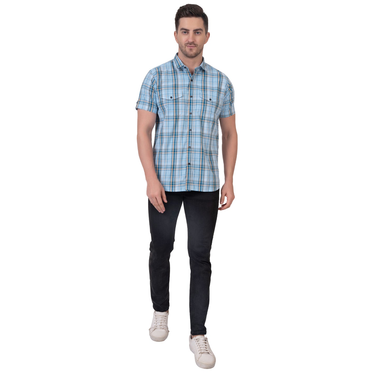 Half Sleeve Cotton Chequered Shirt (Sky Blue)