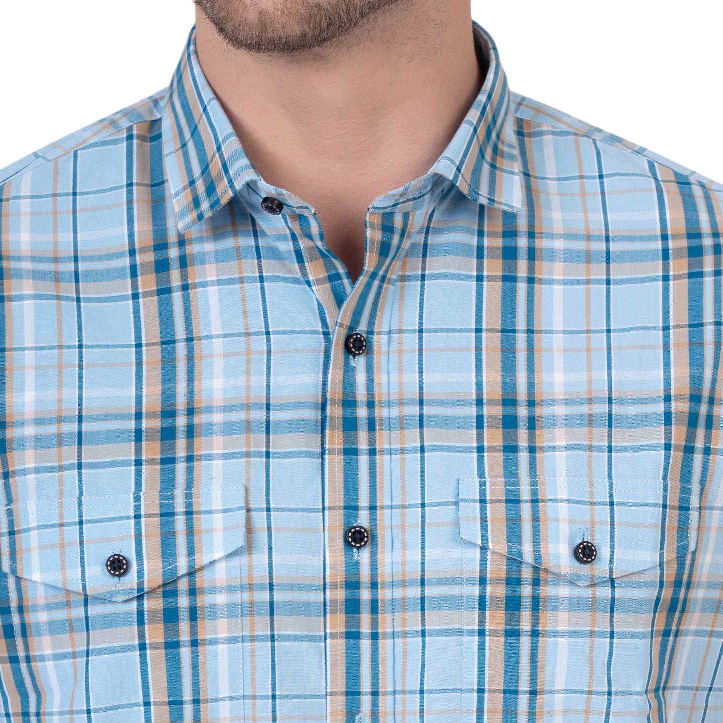 Half Sleeve Cotton Chequered Shirt (Sky Blue)