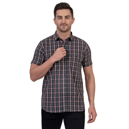 Half Sleeve Cotton Chequered Shirt (Faded Blue/Red)