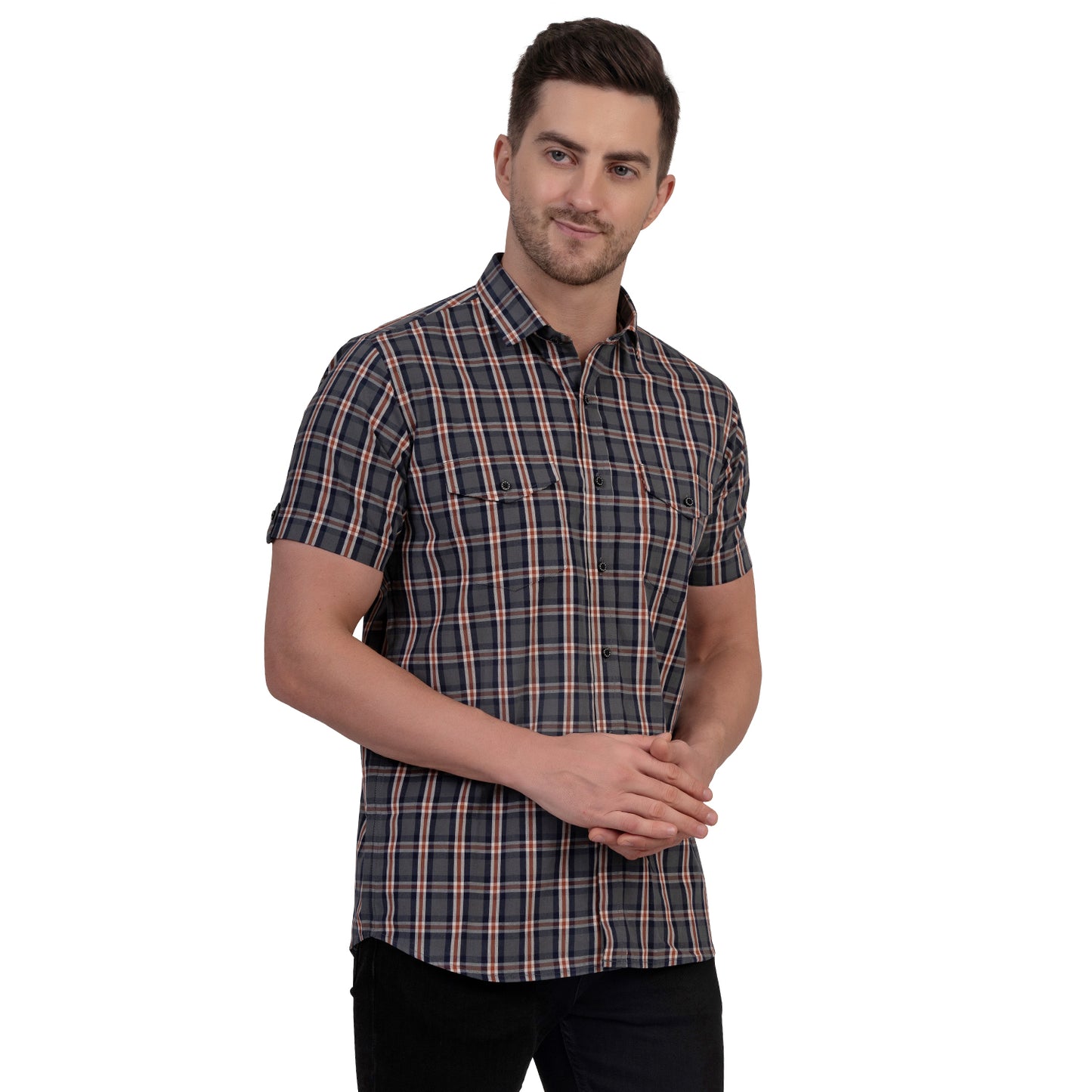 Half Sleeve Cotton Chequered Shirt (Faded Blue/Red)