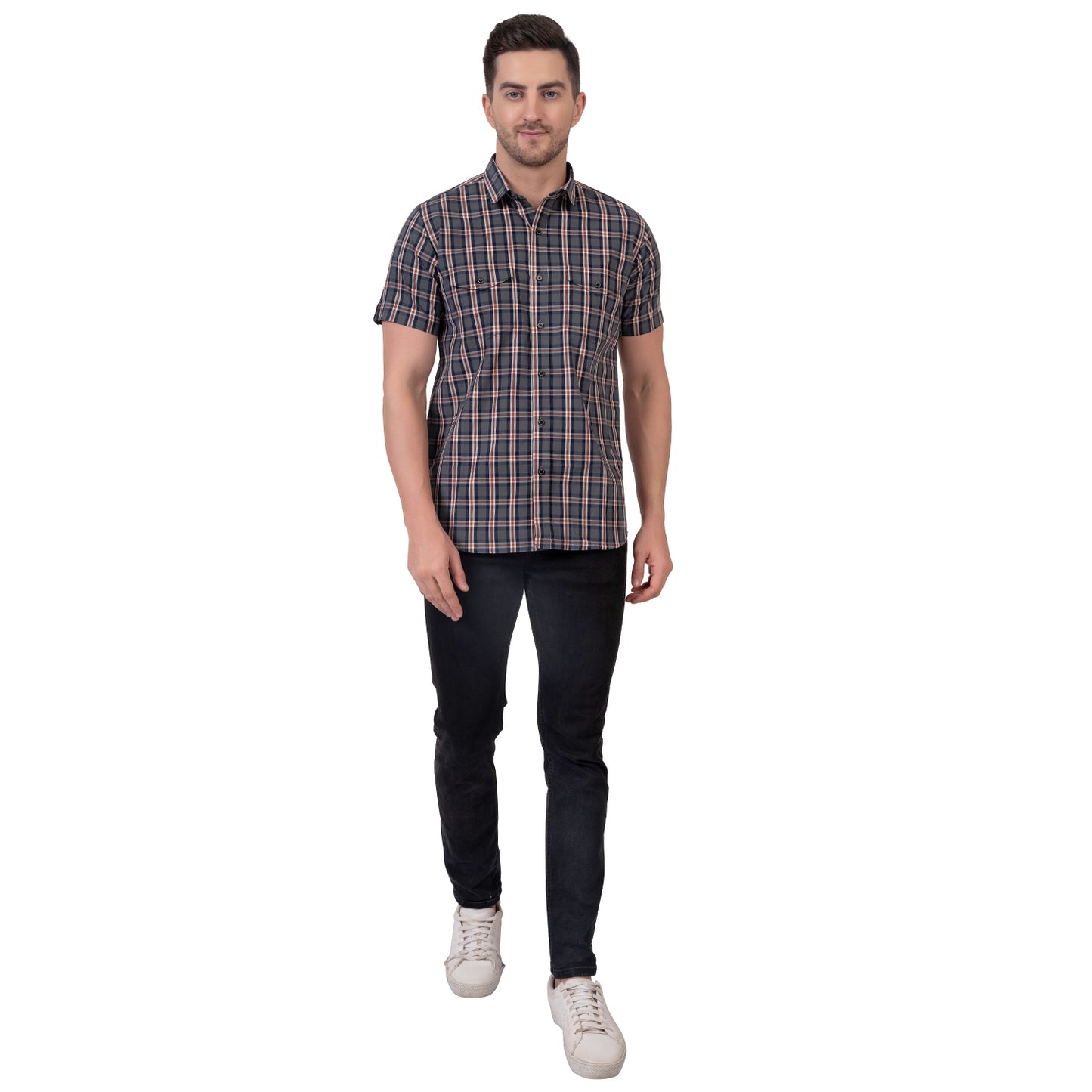 Half Sleeve Cotton Chequered Shirt (Faded Blue/Red)