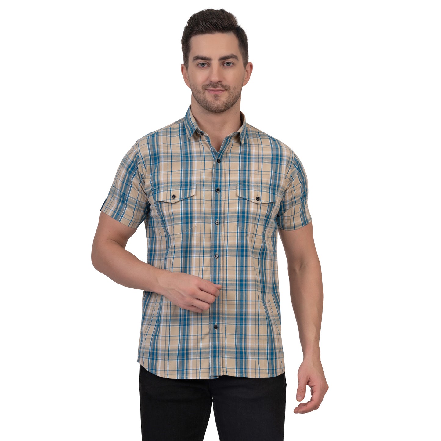 Half Sleeve Cotton Chequered Shirt (Yellow/Teal Blue)