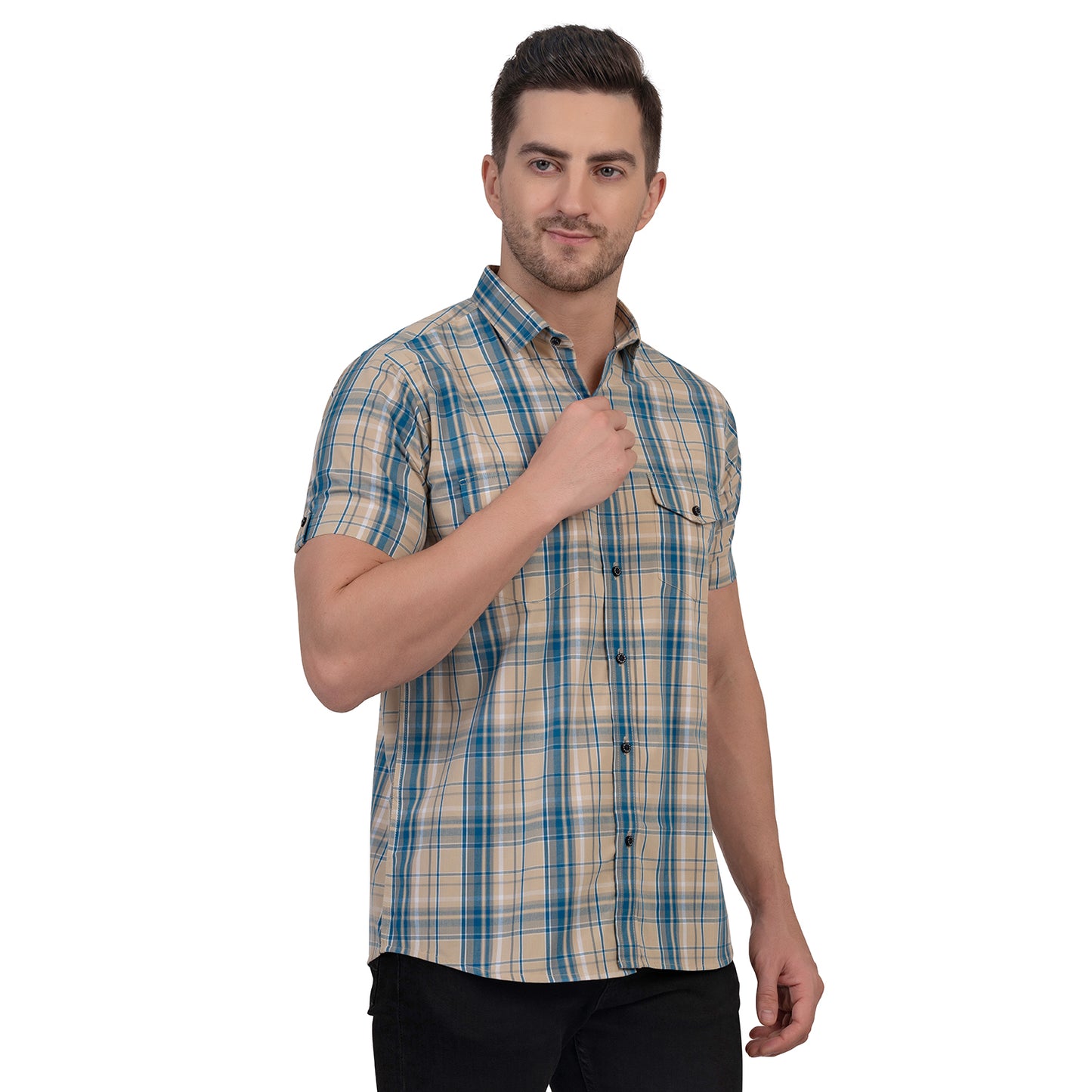 Half Sleeve Cotton Chequered Shirt (Yellow/Teal Blue)