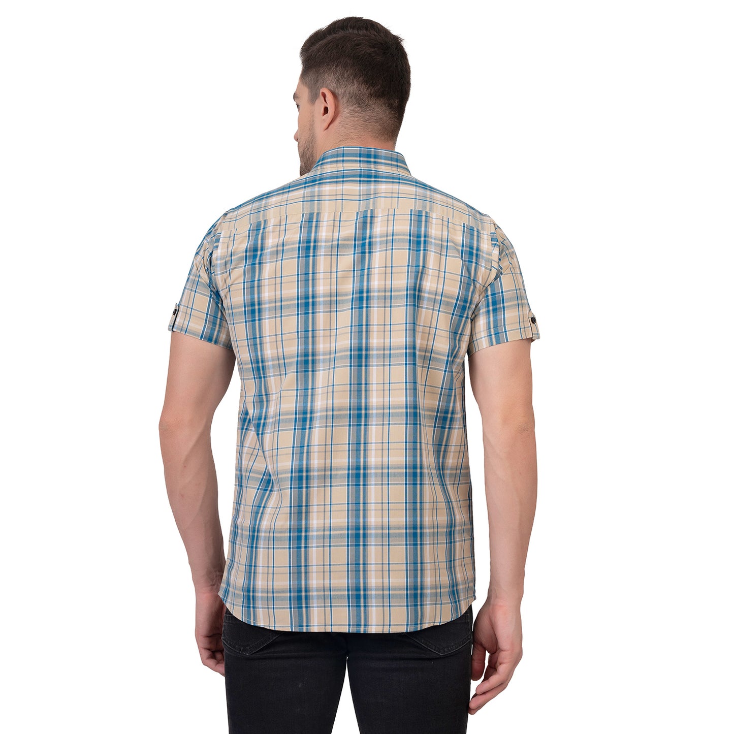 Half Sleeve Cotton Chequered Shirt (Yellow/Teal Blue)